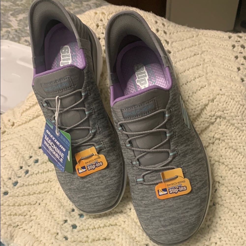 Skechers Gray and Purple Slip-On Sneakers with Memory Foam